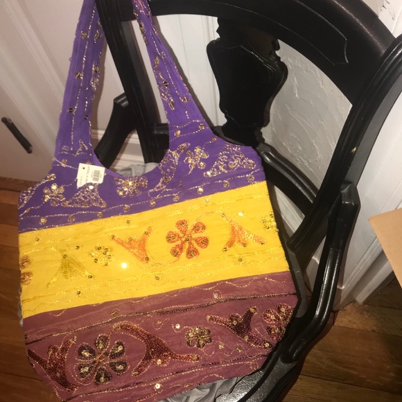 Purple Yellow Red & Burgundy Purse w/ Gold Detail - Picture 2 of 3